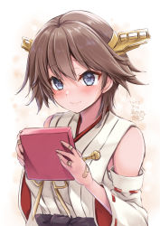 Rule 34 | 1girl, absurdres, artist name, bandaid, bandaid on hand, bare shoulders, blue eyes, blush, box, brown hair, closed mouth, commentary request, dated, detached sleeves, gift, gift box, hair between eyes, headgear, hiei (kancolle), hiei kai ni (kancolle), highres, holding, holding gift, japanese clothes, kantai collection, mashiro yukiya, nontraditional miko, one-hour drawing challenge, ribbon-trimmed sleeves, ribbon trim, short hair, signature, simple background, smile, solo, upper body, white background, wide sleeves