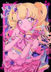Rule 34 | 1girl, absurdres, bare shoulders, blonde hair, blush, bright pupils, cowboy shot, cropped shirt, frilled skirt, frills, gloves, hair ornament, hand on own cheek, hand on own face, hands up, heart, highres, holding, holding microphone, idol clothes, idol time pripara, long hair, looking at viewer, microphone, midriff, milon cas, pink gloves, pink shirt, pink skirt, pretty series, pripara, purple eyes, red lips, retro artstyle, ringlets, shirt, skirt, solo, star (symbol), star hair ornament, two side up, white pupils, yume kawaii, yumekawa yui