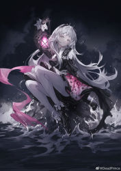 Rule 34 | 1girl, absurdres, arknights, arm up, black dress, black footwear, black gloves, boots, closed mouth, deadprince, dress, earrings, expressionless, full body, gloves, grey eyes, grey hair, high heel boots, high heels, highres, holding, holding lantern, irene (arknights), jewelry, lantern, legs, long hair, long sleeves, looking at viewer, night, ocean, outdoors, pantyhose, sitting, solo, tiara, very long hair, water, white pantyhose