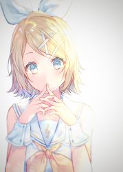 Rule 34 | 1girl, bare shoulders, blonde hair, blue eyes, blush, closed mouth, commentary, gradient background, grey background, hair ornament, hair ribbon, hairclip, hands up, kagamine rin, looking at viewer, nail polish, neckerchief, own hands together, ribbon, sailor collar, school uniform, serafuku, shiomizu (swat), shirt, sleeveless, sleeveless shirt, solo, swept bangs, upper body, vocaloid, sour model (mikumikudance), white ribbon, white sailor collar, white shirt, wrist cuffs, x hair ornament, yellow nails, yellow neckerchief