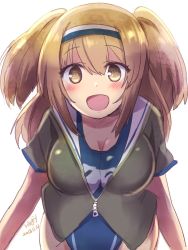 Rule 34 | 1girl, :d, bad id, bad twitter id, blush, breasts, brown eyes, cleavage, clothes writing, collarbone, dated, hagiy 99, hairband, highres, i-26 (kancolle), kantai collection, large breasts, light brown hair, long hair, name tag, new school swimsuit, one-hour drawing challenge, one-piece swimsuit, open mouth, sailor collar, school swimsuit, smile, sparkling eyes, swimsuit, twitter username, white background, zipper