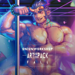 Rule 34 | 1boy, abs, bara, blue hair, broken horn, completely nude, cowboy shot, dancing, dark blue hair, demon boy, disco ball, facial hair, falling money, fiery horns, glowing markings, goatee stubble, grabbing own pectoral, highres, horns, huge eyebrows, jockstrap, large pectorals, light blush, long sideburns, male focus, male underwear, mature male, mouth hold, muscular, muscular male, mutton chops, navel, necklace in mouth, nipples, nude, obliques, onionworkshop, out-of-frame censoring, paid reward available, pectorals, pole, scar, scar on neck, seductive smile, see-through, shiny skin, short hair, sideburns, smile, solo, sparse navel hair, spotlight, stomach, stripper, stripper pole, strongman waist, stubble, sweat, takemaru (housamo), thick eyebrows, thick thighs, thighs, tokyo houkago summoners, tongue, tongue out, underwear, very sweaty, wet, wet clothes