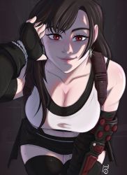 Rule 34 | 1girl, bare shoulders, black hair, black thighhighs, blouse, breasts, cleavage, collarbone, earrings, elbow gloves, elbow pads, final fantasy, final fantasy vii, final fantasy vii remake, fingerless gloves, gloves, highres, jewelry, large breasts, lips, long hair, red eyes, shirt, skirt, smile, solo, sparkle, sports bra, sweat, tabletorgy, tank top, thighhighs, thighs, tifa lockhart, white shirt