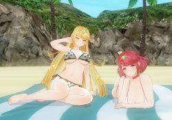 Rule 34 | 2girls, 3d, absurdres, aliasing, beach, bikini, blonde hair, blush, breasts, cleavage, custom maid 3d 2, dual persona, highres, large breasts, long hair, looking at viewer, lying, multiple girls, mythra (xenoblade), navel, nintendo, palm tree, plant, pyra (xenoblade), red hair, sand, short hair, sitting, swimsuit, towel, tree, underboob, very long hair, xenoblade chronicles (series), xenoblade chronicles 2