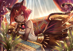 Rule 34 | 1girl, afk arena, animal ear fluff, animal ears, armlet, backless outfit, bare shoulders, bracelet, breasts, brown fur, cat ears, cat tail, centauroid, claws, closed mouth, commentary, couple, curtains, egyptian clothes, feathered wings, forehead jewel, glint, head chain, head rest, highres, indoors, jewelry, looking at viewer, lying, monkeyyan, neck ring, on side, plant, potted plant, red eyes, red hair, safiya (afk arena), short hair, sideboob, sidelocks, small breasts, smile, solo, sparkle, sphinx, tail, taur, wings