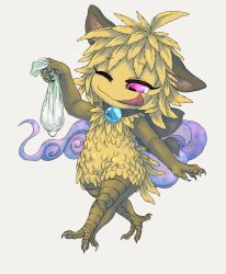Rule 34 | 1girl, ;q, blonde hair, brooch, bubonic, bubonikku, claws, condom, feathers, furry, furry female, jewelry, licking lips, monster girl, one eye closed, purple eyes, simple background, solo, tongue, tongue out, used condom, walking, white background