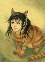 Rule 34 | animal ears, bin (pixiv 4387), cat, cat ears, cat tail, looking up, original, simple background, tail, traditional media, what