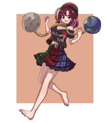 Rule 34 | 1girl, bare legs, bare shoulders, barefoot, belt, blush, breasts, chain, chain, cleavage, clothes writing, commentary request, earth (ornament), eyebrows hidden by hair, feet, gold chain, hecatia lapislazuli, highres, large breasts, looking at viewer, moon (ornament), multicolored clothes, multicolored skirt, navel, one-hour drawing challenge, open mouth, orange background, red eyes, red hair, renshirenji, shirt, skirt, smile, solo, touhou