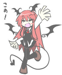 Rule 34 | 1girl, :d, = =, arm up, bat wings, black pantyhose, blush stickers, demon tail, demon wings, detached wings, dress shirt, closed eyes, female focus, goma (gomasamune), head wings, highres, koa (phrase), koakuma, long hair, long sleeves, necktie, open mouth, pantyhose, pointy ears, shirt, skirt, skirt set, smile, solo, tail, touhou, very long hair, vest, white background, white shirt, wings