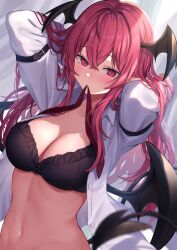 Rule 34 | 1girl, arms up, black bra, blush, bra, breasts, commentary request, demon tail, demon wings, hair between eyes, head wings, highres, koakuma, large breasts, navel, open clothes, open shirt, pointy ears, red eyes, red hair, shirt, solo, stomach, tail, touhou, underwear, upper body, white shirt, wings, wowoguni