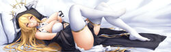 Rule 34 | 1girl, azur lane, bare shoulders, between breasts, black gloves, blonde hair, blush, breasts, cleavage, clothing cutout, commission, cross, dakimakura (medium), detached sleeves, fake horns, feet, gloves, gold trim, grabbing own breast, habit, hair between eyes, half gloves, halo, highres, horns, implacable (azur lane), large breasts, linea alba, long hair, looking at viewer, lying, no shoes, nun, on back, orange eyes, pelvic curtain, pillow, revealing clothes, skindentation, solo, spread pussy under clothes, thighhighs, toes, tongue, tongue out, veil, very long hair, white thighhighs, xfate