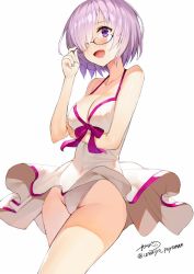Rule 34 | :d, black-framed eyewear, blush, breast hold, breasts, casual one-piece swimsuit, cleavage, cowboy shot, fate/grand order, fate (series), gaou (umaiyo puyoman), glasses, hair over one eye, halterneck, large breasts, looking at viewer, mash kyrielight, mash kyrielight (swimsuit of perpetual summer), official alternate costume, one-piece swimsuit, open mouth, purple eyes, purple hair, simple background, smile, solo, swimsuit, white background, white one-piece swimsuit
