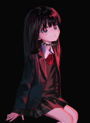 Rule 34 | 1girl, absurdres, black background, black eyes, black hair, black jacket, black skirt, black vest, collar, collared shirt, from side, gishiki (gshk), highres, invisible chair, jacket, long hair, looking at viewer, looking to the side, original, parted lips, pleated skirt, red pupils, school uniform, shirt, simple background, sitting, skirt, solo, spiked collar, spikes, vest, white shirt, wing collar