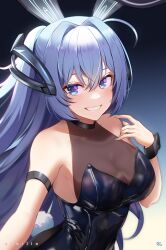 Rule 34 | 1girl, animal ears, aqua nails, arm strap, artist name, azur lane, bare shoulders, black leotard, blue eyes, blue hair, bodystocking, breasts, cleavage, commentary, covered collarbone, cowboy shot, ebbilin, english commentary, fake animal ears, fake tail, grin, hair between eyes, hair intakes, hand up, headgear, large breasts, leotard, long hair, looking at viewer, new jersey (azur lane), new jersey (exhilarating steps!) (azur lane), official alternate costume, oversized breast cup, playboy bunny, rabbit ears, rabbit tail, see-through, see-through cleavage, sidelocks, smile, solo, standing, strapless, strapless leotard, tail, teeth, very long hair, wrist cuffs