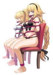 Rule 34 | 2girls, absurdres, arms behind back, ball gag, bdsm, bikini, black bikini, black hairband, blonde hair, blue eyes, bondage, bound, bound arms, bound legs, braid, breast bondage, breasts, cailin020, chair, commentary, commission, competition swimsuit, dual persona, english commentary, fate/grand order, fate (series), front-tie bikini top, front-tie top, gag, gagged, hairband, highleg, highleg swimsuit, highres, jeanne d&#039;arc (fate), jeanne d&#039;arc (ruler) (fate), jeanne d&#039;arc (swimsuit archer) (fate), jeanne d&#039;arc (swimsuit archer) (first ascension) (fate), long braid, long hair, medium breasts, multiple girls, one-piece swimsuit, ponytail, red rope, rope, shibari, shibari over clothes, single braid, sitting, swimsuit, very long hair, white one-piece swimsuit, wiffle gag