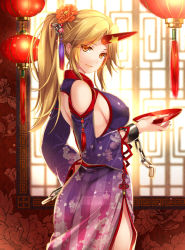 Rule 34 | 1girl, alternate costume, alternate hairstyle, back cutout, bare shoulders, blonde hair, breasts, brown eyes, camellia, chain, character name, chinese clothes, clothing cutout, cowboy shot, cuffs, cup, drink, floral print, flower, from side, hair flower, hair ornament, hand on own hip, highres, holding, horns, hoshiguma yuugi, indoors, lantern, large breasts, lattice, light smile, lips, long hair, long sleeves, looking at viewer, looking back, meandros, monety, paper lantern, parted bangs, ponytail, sakazuki, shoulder cutout, side slit, sideboob, single horn, smile, solo, star (symbol), striped, tassel, touhou, vertical stripes, wide sleeves