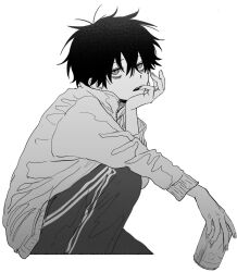 Rule 34 | 1boy, bags under eyes, can, commentary request, feet out of frame, fingernails, greyscale, hair between eyes, head rest, highres, holding, holding can, imai akira, jacket, knee up, long sleeves, looking at viewer, male focus, messy hair, monochrome, original, pants, parted lips, short hair, simple background, solo, track pants