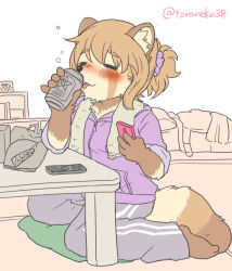 Rule 34 | 1girl, blush, brown hair, drinking, female focus, full body, furry, furry female, indoors, open mouth, partially colored, raccoon, short hair, solo, toraneko (38)
