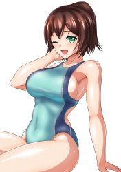 Rule 34 | 1girl, absurdres, arm support, blue one-piece swimsuit, brown hair, character name, competition swimsuit, copyright request, cowboy shot, green eyes, highres, looking at viewer, one-piece swimsuit, one eye closed, short hair, simple background, sitting, smile, solo, swimsuit, virtual youtuber, white background, yurizuku owl