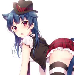 Rule 34 | 1girl, all fours, animal ears, ass, blue hair, blush, breasts, cat ears, cat tail, fang, hat, hazuki (sutasuta), highres, long hair, looking at viewer, looking back, love live!, love live! school idol festival, love live! sunshine!!, medium breasts, open mouth, red eyes, solo, tail, tsushima yoshiko