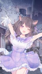 Rule 34 | 1girl, animal ears, bad id, bad twitter id, blush, bow, breasts, brown hair, capelet, cat ears, cat girl, city, commission, gloves, high-waist skirt, highres, indie virtual youtuber, kinosada, looking at viewer, love and producer, medium breasts, one eye closed, open hands, outstretched arms, plaid, plaid skirt, purple bow, purple capelet, purple eyes, purple skirt, second-party source, shimotsuki miri, skeb commission, skirt, solo, tree, virtual youtuber, white gloves