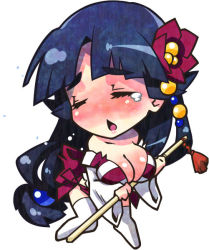 Rule 34 | 1girl, blush, body blush, breasts, chibi, cleavage, closed eyes, criminal girls, female focus, flower, full body, hair ornament, ichihaya, large breasts, long hair, long sleeves, nippon ichi, official art, open mouth, simple background, solo, striped, tears, thighhighs, tomoe (criminal girls), weapon, white background
