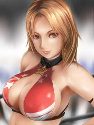 Rule 34 | 1girl, alternate costume, bare shoulders, blonde hair, breasts, brown hair, cleavage, collar, dead or alive, dead or alive 5, halterneck, halterneck, large breasts, lips, nannacy7, short hair, sideboob, smile, solo, tecmo, tina armstrong