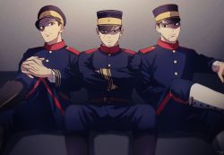 Rule 34 | 3boys, belt, black eyes, black footwear, black hair, blue headwear, blue jacket, blue pants, brown belt, buttons, closed mouth, collared jacket, commentary request, couch, crossed arms, eyeshadow, facial hair, gaiters, golden kamuy, grey background, hat, imperial japanese army, indoors, jacket, kepi, crossed legs, light, long sleeves, looking at viewer, makeup, male focus, military, military hat, military uniform, mole, multiple boys, ogata hyakunosuke, own hands together, pants, serious, short hair, simple background, sitting, smile, star (symbol), stubble, tr (lauralauraluara), tsukishima hajime, two-tone headwear, uniform, usami tokishige, yellow eyes, yellow headwear