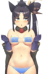 Rule 34 | 1girl, bare shoulders, bikini, black hair, blue bikini, blue eyes, blue gloves, blush, breasts, clothes writing, collarbone, detached sleeves, elbow gloves, eyepatch bikini, fate/grand order, fate (series), fur collar, gloves, hair bun, hat, long hair, looking to the side, medium breasts, navel, open mouth, panties, parted bangs, pinta (ayashii bochi), pom pom (clothes), side bun, side ponytail, sidelocks, simple background, single hair bun, single side bun, solo, swimsuit, thick eyebrows, translation request, underwear, ushiwakamaru (fate), very long hair, white background, wide sleeves