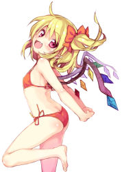 Rule 34 | 1girl, alternate costume, arms behind back, barefoot, bikini, blonde hair, fang, flandre scarlet, long hair, looking at viewer, minamura haruki, open mouth, pointy ears, red bikini, red eyes, side-tie bikini bottom, side ponytail, simple background, smile, solo, swimsuit, touhou, white background, wings