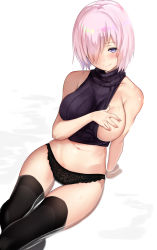 Rule 34 | 1girl, arm support, black panties, black sweater, black thighhighs, blush, breasts, closed mouth, collarbone, covering privates, covering one breast, fate/grand order, fate (series), hair over one eye, highres, large breasts, looking at viewer, mash kyrielight, navel, no eyewear, one breast out, panties, pink hair, purple eyes, ribbed sweater, shadow, short hair, simple background, sitting, skindentation, sleeveless, sleeveless turtleneck, smile, solo, sweater, thighhighs, turtleneck, turtleneck sweater, underwear, untue, white background