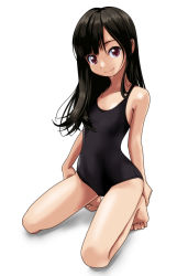 Rule 34 | 1girl, bare legs, barefoot, black hair, black one-piece swimsuit, black school swimsuit, brown eyes, closed mouth, feet, flat chest, full body, kneeling, long hair, looking at viewer, one-piece swimsuit, original, rohitsuka, school swimsuit, simple background, smile, solo, swimsuit, thighs, white background