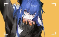 Rule 34 | 1girl, arknights, black gloves, black jacket, blue eyes, blue hair, cheonyeon-hi, commentary, demon horns, doughnut, eating, expressionless, food, fur-trimmed jacket, fur trim, gloves, hair between eyes, highres, holding, holding food, horns, jacket, jpeg artifacts, long hair, looking at viewer, mostima (arknights), open clothes, open jacket, orange background, outstretched arm, pov, shirt, simple background, solo, teeth, upper body, viewfinder, white shirt