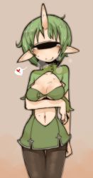 Rule 34 | 1girl, arm behind back, beige background, breast hold, breasts, breath, cleavage cutout, clothing cutout, commentary request, cyclops, dress, green hair, heart, horns, looking at viewer, masha, muted color, navel, navel cutout, one-eyed, original, pantyhose, pointy ears, simple background, single horn, skindentation, smile, solo, spoken heart, standing, tareme