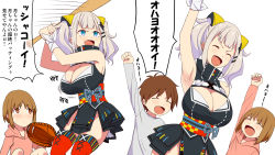 Rule 34 | 1girl, 2boys, arm up, armpits, baseball bat, baseball glove, blue eyes, breasts, brown eyes, brown hair, cleavage, comic, commentary, closed eyes, grey hair, holding, holding baseball bat, hood, hoodie, kaguya luna, kloah, large breasts, multiple boys, smile, the moon studio, translation request, virtual youtuber
