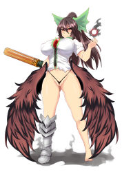Rule 34 | 1girl, arm cannon, bad id, bad pixiv id, barefoot, blush, boots, bow, breasts, brown hair, cleft of venus, covered erect nipples, energy ball, feathered wings, full body, g-string, hair bow, highres, pussy, large breasts, long hair, nightmare-doom, no pants, panties, ponytail, red eyes, reiuji utsuho, shoes, single boot, single shoe, solo, third eye, thong, toes, touhou, uncensored, underwear, weapon, wedgie, white background, wings