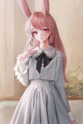 Rule 34 | 1girl, absurdres, animal ears, bad id, bad twitter id, black bow, black bowtie, bow, bowtie, charles (106858), frilled shirt collar, frills, hand up, highres, long hair, long sleeves, looking at viewer, original, parted lips, pink eyes, pink hair, pleated skirt, rabbit ears, shirt, skirt, solo, white shirt, white skirt