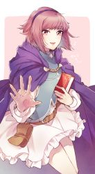 Rule 34 | 1girl, blush, cape, cosplay, fire emblem, fire emblem: the blazing blade, fire emblem fates, fire emblem heroes, hairband, highres, looking at viewer, nino (fire emblem), nintendo, open mouth, purple hairband, red hair, sakura (fire emblem), short hair, skirt, smile, solo