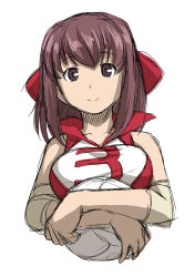 Rule 34 | 10s, 1girl, ball, bare shoulders, bow, breast lift, breasts, brown eyes, brown hair, crossed arms, elbow pads, eyebrows, girls und panzer, hair bow, headband, high collar, holding, holding ball, kondou taeko, kouda tomohiro, large breasts, light smile, looking at viewer, purple eyes, purple hair, shirt, short hair, simple background, sketch, sleeveless, sleeveless shirt, smile, soccer ball, soccer uniform, solo, sportswear, upper body, volleyball, volleyball (object), volleyball uniform