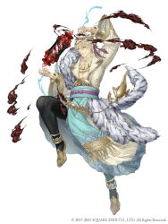 Rule 34 | 1boy, aladdin (sinoalice), anklet, blonde hair, blue eyes, bracer, chain, collarbone, full body, fur trim, gold trim, jewelry, ji no, looking at viewer, necklace, official art, oil lamp, sash, scroll, sinoalice, smoke, solo, square enix, white background