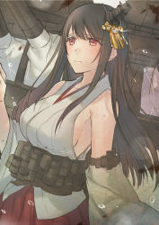 Rule 34 | 10s, 1girl, bad id, bad pixiv id, bare shoulders, black hair, breasts, detached sleeves, fusou (kancolle), hair ornament, japanese clothes, kantai collection, kippu, large breasts, long hair, miko, nontraditional miko, red eyes, sideboob, solo, tears
