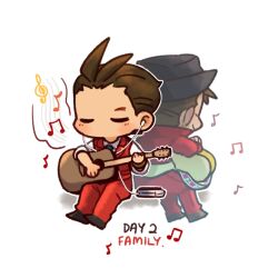 Rule 34 | 2boys, ace attorney, antenna hair, apollo justice, back-to-back, black footwear, black headwear, bracelet, brown hair, chibi, closed eyes, collared jacket, collared shirt, cropped jacket, english text, father and son, forked eyebrows, formal, full body, guitar, high collar, highres, instrument, jacket, jewelry, jove justice, lapel pin, lapels, littlemay528, male focus, multiple boys, musical note, no mouth, pants, red jacket, red pants, red suit, red vest, shirt, shoes, short hair, simple background, single eyebrow, sitting, sleeves rolled up, smile, suit, treble clef, vest, white background, white shirt
