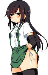 Rule 34 | 1girl, alternate eye color, arm warmers, asashio (kancolle), black eyes, black hair, black thighhighs, clothes lift, green skirt, highres, kantai collection, lifted by self, long hair, multiple girls, panties, pleated skirt, richou (zerozero1101), shirt, short sleeves, side-tie panties, side-tie peek, simple background, skirt, solo, suspenders, thighhighs, underwear, white background, white shirt