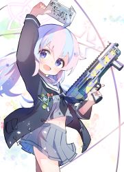 Rule 34 | 1girl, :d, absurdres, ahoge, arm up, assault rifle, blue archive, blue eyes, bullpup, commentary request, eyes visible through hair, gun, haemori ako, hair between eyes, hair ornament, halo, highres, holding, holding gun, holding letter, holding weapon, letter, long hair, long sleeves, looking at viewer, low twintails, midriff, midriff peek, multicolored hair, navel, open mouth, pink hair, pleated skirt, reisa (blue archive), rifle, school uniform, serafuku, sidelocks, simple background, skirt, smile, solo, star (symbol), star hair ornament, starry background, streaked hair, translation request, trigger discipline, twintails, two-tone hair, vertical forward grip, weapon