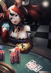 Rule 34 | 1girl, animal ear fluff, animal ears, breasts, cleavage, collar, dice hair ornament, hair between eyes, hair ornament, hakos baelz, highres, hololive, hololive english, jewelry, key, key necklace, mouse ears, mouse girl, mousetrap, necklace, poker chip, poker table, solo, spiked collar, spikes, table, torikaze ito, virtual youtuber
