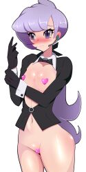 Rule 34 | adapted costume, adjusting clothes, adjusting gloves, anabel (pokemon), blush, bow, bowtie, breasts, cameltoe, covered erect nipples, creatures (company), embarrassed, formal, game freak, gloves, harubato, heart pasties, highres, leotard, long hair, looking to the side, matching hair/eyes, navel, nintendo, o-ring, pasties, playboy bunny, pokemon, pokemon sm, ponytail, purple eyes, purple hair, shiny skin, small breasts, wide hips, wrist cuffs