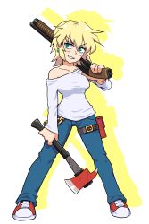 Rule 34 | 1girl, averting eyes, axe, blonde hair, blue eyes, blue pants, borrowed character, breasts, chain, collarbone, colored shadow, commentary request, drop shadow, earrings, fire axe, grin, gun, hair between eyes, highres, holding, holding axe, holding gun, holding weapon, jewelry, looking at viewer, medium breasts, muu (mumumer), off shoulder, original, pants, pouch, red footwear, shadow, shirt, shoes, shotgun, smile, solo, thigh pouch, v-shaped eyebrows, weapon, weapon request, white background, white shirt
