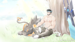 Rule 34 | 1boy, abs, against tree, arm tattoo, artist request, bandaged leg, bandages, bara, bare arms, beard, black hair, blue headband, blue shirt, brucie (infighter821), commission, dungeon and fighter, facial hair, headband, highres, large pectorals, leg belt, male focus, male priest (dungeon and fighter), mature male, muscular, muscular male, navel, navel hair, nipples, pants, pectorals, second-party source, shirt, shoes, short hair, sitting, sleeveless, sleeveless shirt, smile, sneakers, solo, stomach, suspenders, tail, tattoo, tiger tail, topless male, tree, wolf