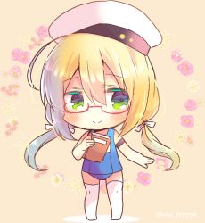 Rule 34 | 1girl, bare arms, bare shoulders, beret, blowing kiss, blue one-piece swimsuit, blush, book, bow, brown background, chibi, closed mouth, commentary request, floral background, flower, full body, glasses, green eyes, hair between eyes, hair bow, hat, holding, holding book, i-8 (kancolle), kantai collection, kou hiyoyo, long hair, low twintails, no shoes, old school swimsuit, one-hour drawing challenge, one-piece swimsuit, pink flower, pink rose, red-framed eyewear, rose, school swimsuit, semi-rimless eyewear, smile, solo, standing, swimsuit, thighhighs, twintails, twitter username, under-rim eyewear, very long hair, white bow, white flower, white hat, white thighhighs