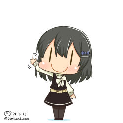 Rule 34 | 1girl, artist logo, belt, black dress, black hair, black pantyhose, blue bow, blush, bow, bowtie, chibi, closed mouth, commentary request, dated, dress, hair bow, hair ornament, hairclip, kantai collection, long hair, long sleeves, mitsukoshi (department store), official alternate costume, one-hour drawing challenge, oyashio (kancolle), pantyhose, shadow, shiromaru (maniado), shirt, simple background, sleeveless, sleeveless dress, smile, solo, twitter username, waving, white background, white bow, white bowtie, white shirt, | |